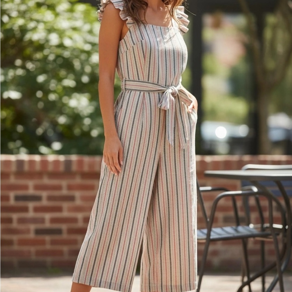 Monteau Striped Ruffle-Sleeve Jumpsuit in Beige and Coral
